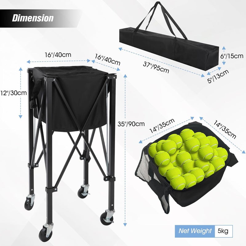 Lineslife Portable Tennis Ball Hopper Holds 200 Balls, Tennis Ball Basket Cart with 4 Wheels & Brakes, Detachable Oxford Fabric Bag for Tennis and Pickleball Training, Black - Image 3